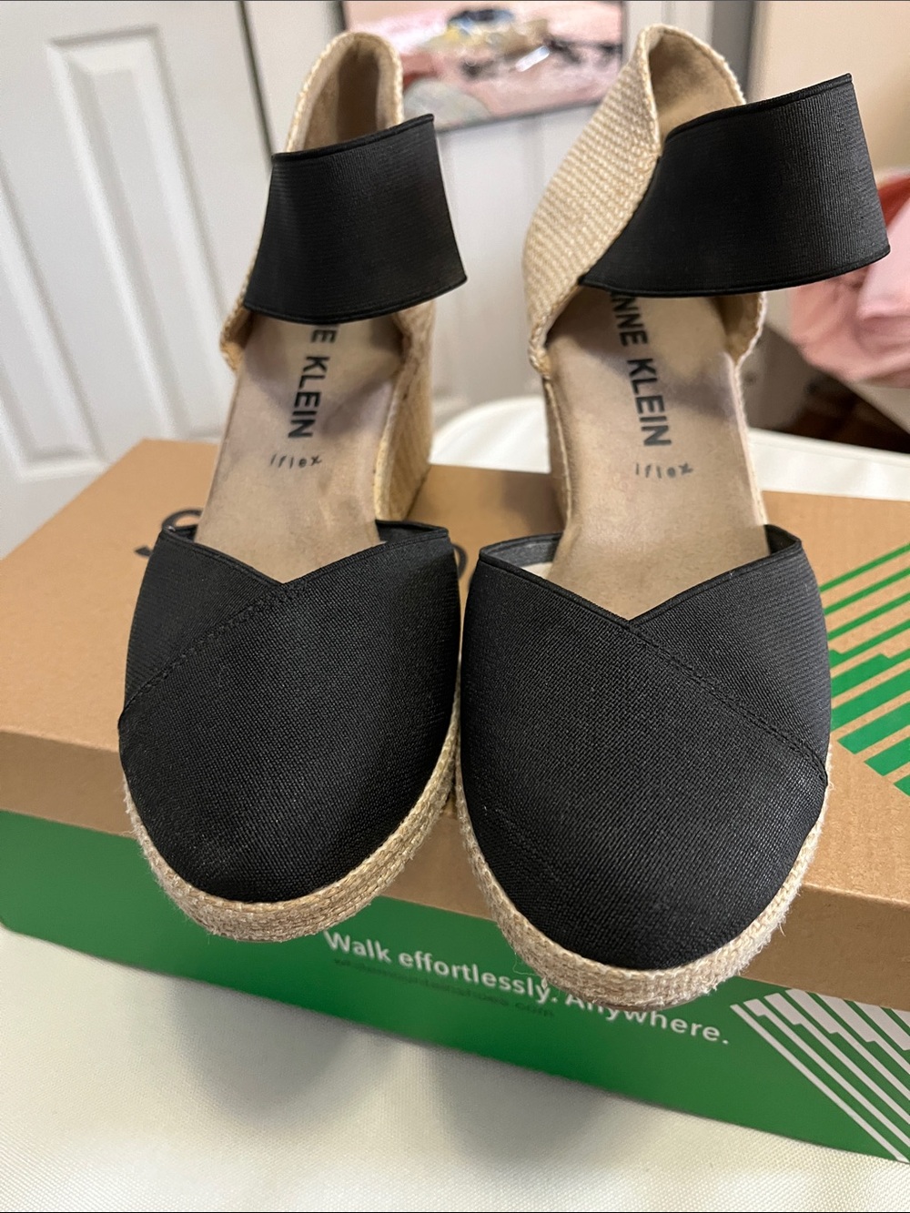 Anne Klein Black Espadrille Wedge Sandals with Ankle Strap